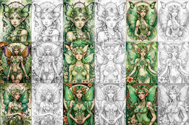Op de afbeelding: Een digitale kleurplaat met tien verschillende illustraties van fee&euml;n met vleugels. Elke fee is afgebeeld met een ander kapsel en een andere outfit, en sommige dragen bloemen in hun haar. De fee&euml;n zijn omringd door groene bladeren en bloemen.
