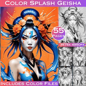 Color Splash Geisha Coloring Book: 55 Grayscale Pages (Digital Download)
