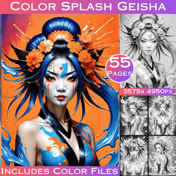 55 Color Splash Japanese Geisha Digital Coloring Page Modern Geisha Dress Coloring book, Geisha Fashion Art, Geisha Girl,Geisha Japan