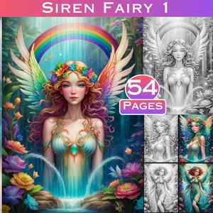 Pode incluir: Uma ilustração colorida de uma fada com asas, de pé em uma cachoeira com um arco-íris acima. A fada tem cabelos longos cor de rosa, uma coroa de flores e um vestido verde. A imagem faz parte de um livro para colorir de 54 páginas.