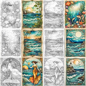 May include: A set of 12 printable coloring pages featuring ocean scenes with seashells, fish, and mermaids. The pages are in both color and black and white.