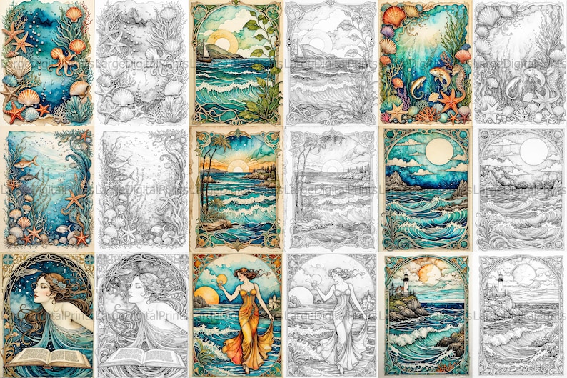 May include: A set of 12 printable coloring pages featuring ocean scenes with seashells, fish, and mermaids. The pages are in both color and black and white.