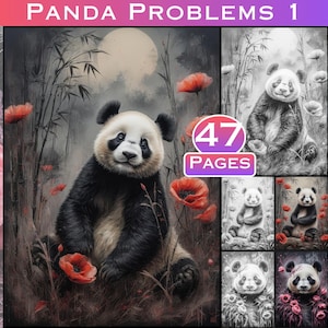 Pagine da colorare di panda 1 di 4 - Libro da colorare per adulti stampabile, illustrazioni in scala di grigi per rilassarsi e alleviare lo stress di Large Digital Prints