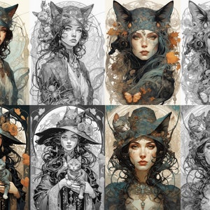 Grayscale Witches Coloring Pages: Art Nouveau Fantasy (Digital Download) image 9