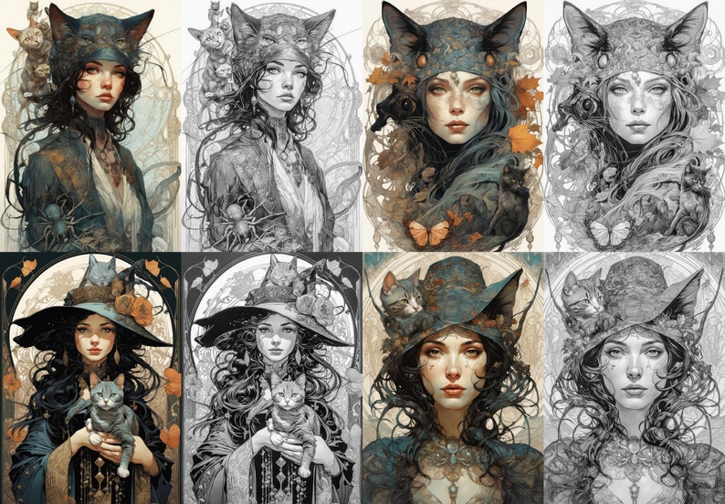 Grayscale Witches Coloring Pages: Art Nouveau Fantasy (Digital Download) image 9