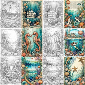 May include: A set of 10 printable coloring pages featuring underwater scenes with seahorses, mermaids, lighthouses, ships, and octopus. The pages are in both color and black and white.