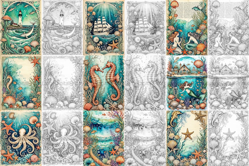 May include: A set of 10 printable coloring pages featuring underwater scenes with seahorses, mermaids, lighthouses, ships, and octopus. The pages are in both color and black and white.