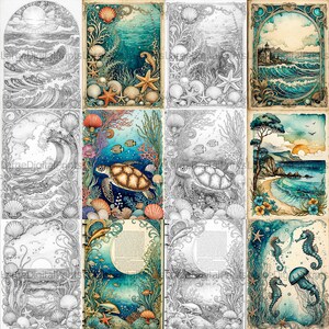 May include: A set of 10 printable coloring pages featuring ocean-themed illustrations. The pages include images of waves, seashells, sea turtles, and jellyfish. The illustrations are detailed and intricate, making them perfect for adults and children who enjoy coloring.