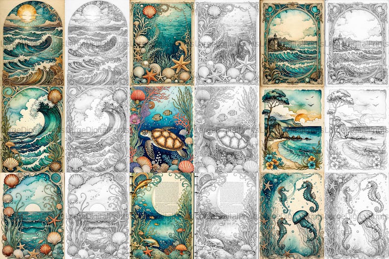 May include: A set of 10 printable coloring pages featuring ocean-themed illustrations. The pages include images of waves, seashells, sea turtles, and jellyfish. The illustrations are detailed and intricate, making them perfect for adults and children who enjoy coloring.