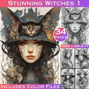 Grayscale Witches Coloring Pages: Art Nouveau Fantasy (Digital Download) image 1