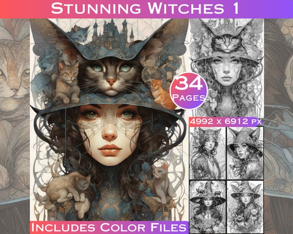 Grayscale Witches Coloring Pages: Art Nouveau Fantasy (Digital Download)