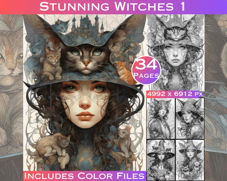 Grayscale Witches Coloring Pages: Art Nouveau Fantasy (Digital Download) image 1