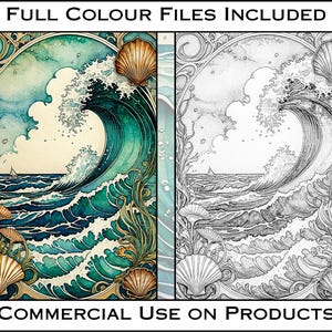 May include: A digital illustration of a large ocean wave crashing in a blue and green color scheme. The wave is framed by a decorative border with seashells and seaweed. The image is available in both color and black and white versions. "FULL COLOUR FILES INCLUDED" and "COMMERCIAL USE ON PRODUCTS" are written at the top and bottom of the image.