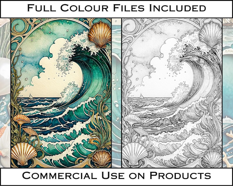 May include: A digital illustration of a large ocean wave crashing in a blue and green color scheme. The wave is framed by a decorative border with seashells and seaweed. The image is available in both color and black and white versions. "FULL COLOUR FILES INCLUDED" and "COMMERCIAL USE ON PRODUCTS" are written at the top and bottom of the image.