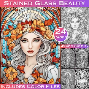 24 Stained Glass Beauty Portraits 2: Art Nouveau Grayscale Coloring Book for Adults