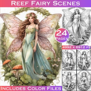 24 Reef Fairy Scenes Grey Scale Digital Colouring Pages. Fantasy ...