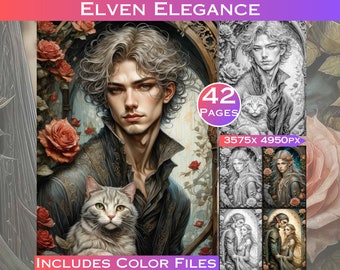 May include: A digital coloring book featuring a handsome elf with silver hair, holding a cat. The book includes 42 pages and is 3575 x 4950 pixels. The image also includes a text overlay that says "Elven Elegance" and "Includes Color Files".