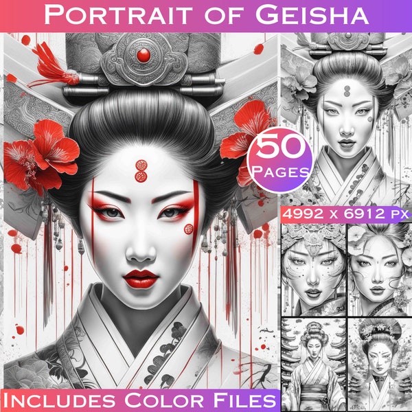 50 Portret van Geisha Japanse digitale kleurplaten Traditionele Geisha Jurk Kleurboek, Geisha Fashion Art, Geisha Girl, Geisha Japan