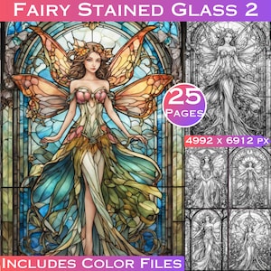 Stained Glass Fairies Grayscale Coloring Book: 25 Adult Coloring Pages (Digital Download)