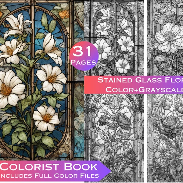 31 Floral Stained Glass Collection Coloring Page, Adults + kids- Instant Download - Grayscale Coloring Page - Gift, Printable PDF