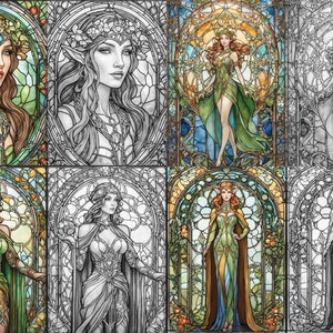 May include: A digital art collage of eight stained glass windows featuring a female elf in various poses. The windows are framed in black and have a green, blue, and yellow color scheme.