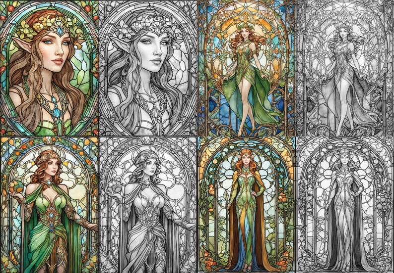 May include: A digital art collage of eight stained glass windows featuring a female elf in various poses. The windows are framed in black and have a green, blue, and yellow color scheme.