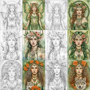 Op de afbeelding: Een digitaal kleurboek met 10 verschillende illustraties van fee&euml;n met bloemenkronen en vleugels. Elke illustratie wordt zowel in kleur als in zwart-wit gepresenteerd, waardoor creatief kleuren mogelijk is.