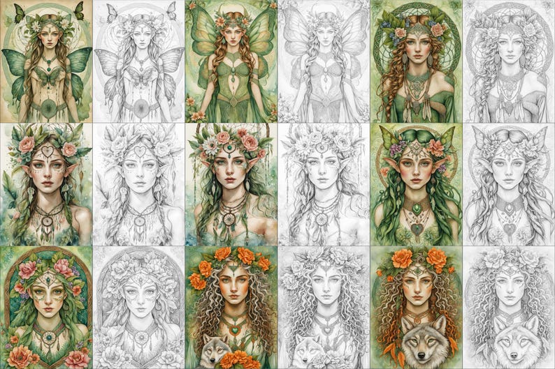 Op de afbeelding: Een digitaal kleurboek met 10 verschillende illustraties van fee&euml;n met bloemenkronen en vleugels. Elke illustratie wordt zowel in kleur als in zwart-wit gepresenteerd, waardoor creatief kleuren mogelijk is.