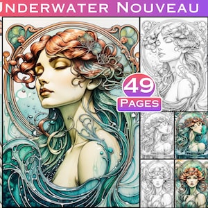 Puede incluir: Una ilustración colorida de una mujer con el pelo rojo ondeante, rodeada de agua azul y verde que gira. La imagen es de estilo Art Nouveau y presenta detalles intrincados. El texto "UNDERWATER NOUVEAU 1" y "49 PAGES" es visible en la imagen.