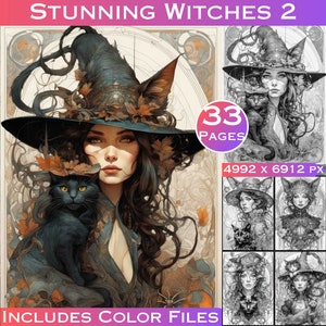 Stunning Witches 2 of 3 Fantasy Halloween Whimsical Witches Adult Coloring Pages in Grayscale. Grayscale Coloring Coloring Books for Adults.