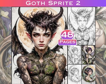 Gothic Fairy Coloring Book: Grayscale Sprites, Adult Art Therapy (PDF)