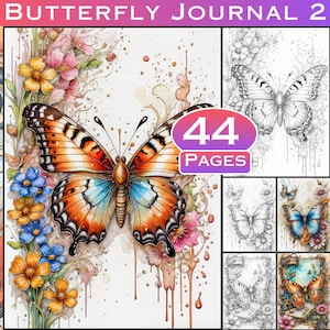 Butterfly Junk Journal Kit Grayscale Coloring Book for Adults, Insects Scrapbooking Coloring Book Ephemera with Color and Grayscale Files