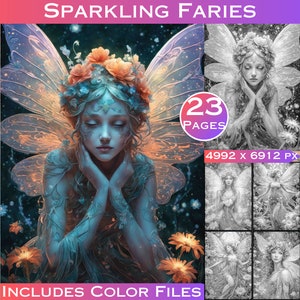 23 Sparkling Fairies Grey Scale Digital Colouring Pages. Fantasy Grayscale Adult Coloring Book. Digital Download with Colour Files Included