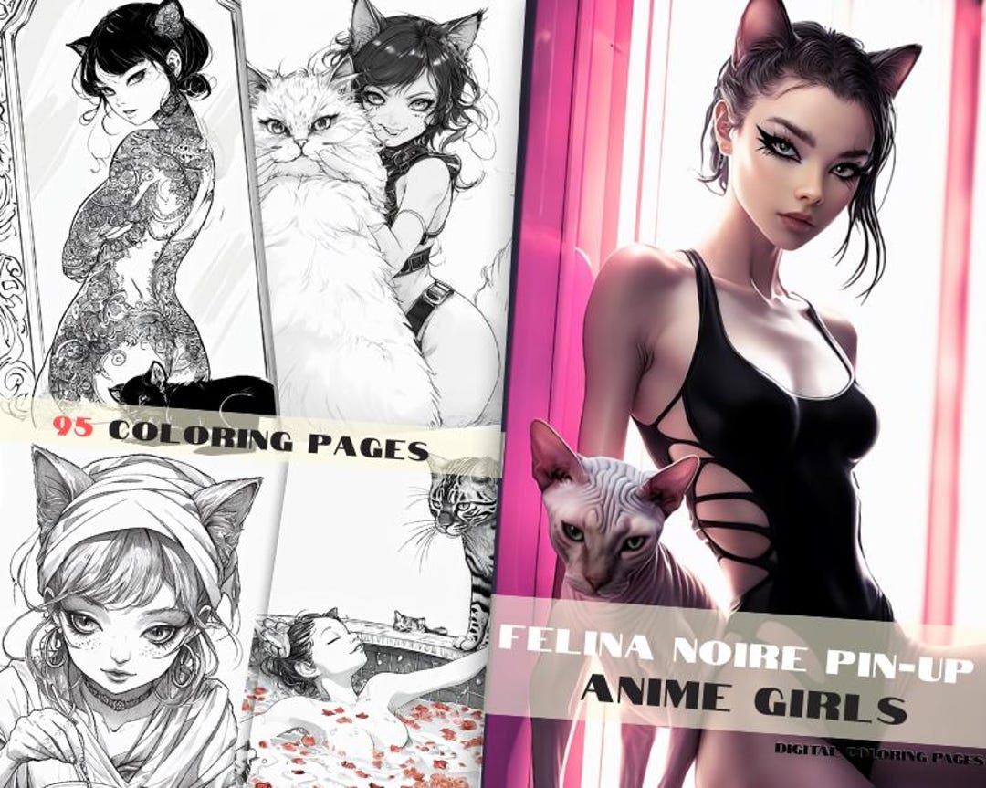 Felina Noire Pin-up Cat Girl Coloring Pages: 95 Noir Line Art (digital ...