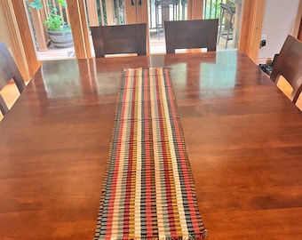 Op de afbeelding: Een kleurrijke gestreepte tafelrunner met franjes, gelegd op een houten tafel.