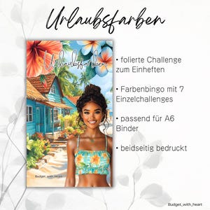 Könnte beinhalten: Eine farbenfrohe Illustration mit dem deutschen Text "Urlaubsfarben" und einer tropischen Strandszene. Sie zeigt eine Frau in einem floralen Crop-Top. Das Bild enthält Aufzählungszeichen, die die Produktmerkmale beschreiben, wie eine Folien-Challenge und Farb-Bingo.