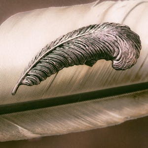 May include: A silver-coloured feather brooch, with detailed barbs, lies on a large, cream-coloured feather. The brooch's intricate design is highlighted against the soft, neutral background. The image evokes a sense of elegance.