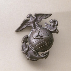 May include: A bronze-colored emblem featuring an eagle perched atop a globe, with an anchor below. The eagle has outstretched wings, and the globe is detailed with continents. The emblem is likely a military insignia.