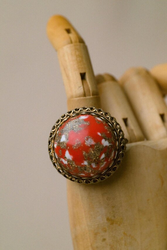 Vintage Adjustable Statement Ring with Red Marble… - image 1
