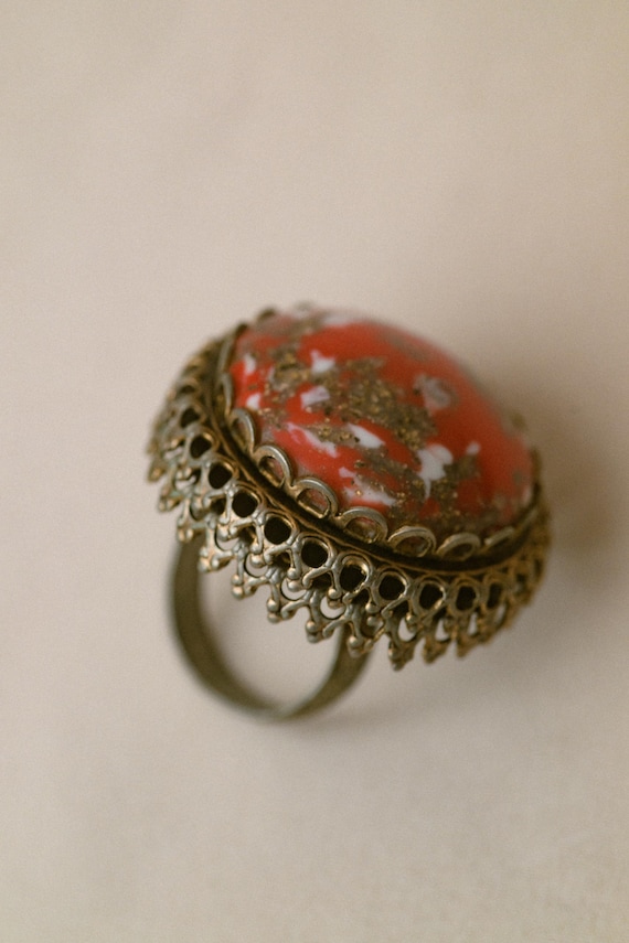 Vintage Adjustable Statement Ring with Red Marble… - image 3