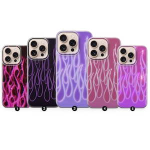 May include: Five phone cases with flame designs in shades of pink, purple, and black. The cases have a glossy finish and are numbered 1 through 5. The flame designs vary in style and color, creating a vibrant and eye-catching aesthetic.