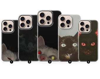 Funda de teléfono con diseño de gato misterioso para iPhone y Samsung Pixel.