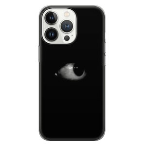 May include: A black phone case with a white eye graphic. The phone case has a clear back and a white camera bump.