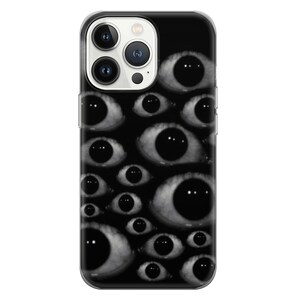 May include: A clear phone case with a black background and a pattern of many white eyes. The phone case has a cutout for the camera lens.