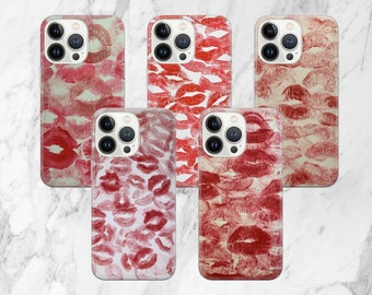 Funda para teléfono con diseño de labios rojos y besos, romántica, estética, para iPhone, Samsung Pixel, regalo de amor.