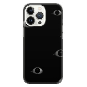 May include: A black phone case with a repeating pattern of white eyes. The phone case is designed for an iPhone 14 Pro Max.