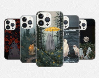 Ghost Illustration Phone Case Cozy Spooky Aesthetic Cute Phantom Art Cover for iPhone Samsung Pixel Halloween Gift