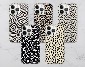 Funda para teléfono con estampado abstracto de animales en blanco y negro con estampado de cebra y leopardo para iPhone y Samsung Pixel, estilo minimalista.