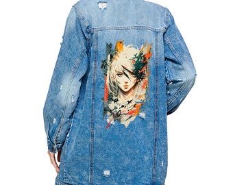 Beautiful Cartoon Ladies Denim Jacket with Distressed - Print Women's Denim Jacket - Art Denim Jacket