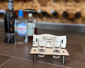 Personalized liquor bench with engraving and glasses, wooden gift idea for 2 or 4 glasses